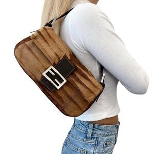 FENDI Vintage FF Logo Mamma Baguette Pony Calf Hair Shoulder Bag Brown [106092]